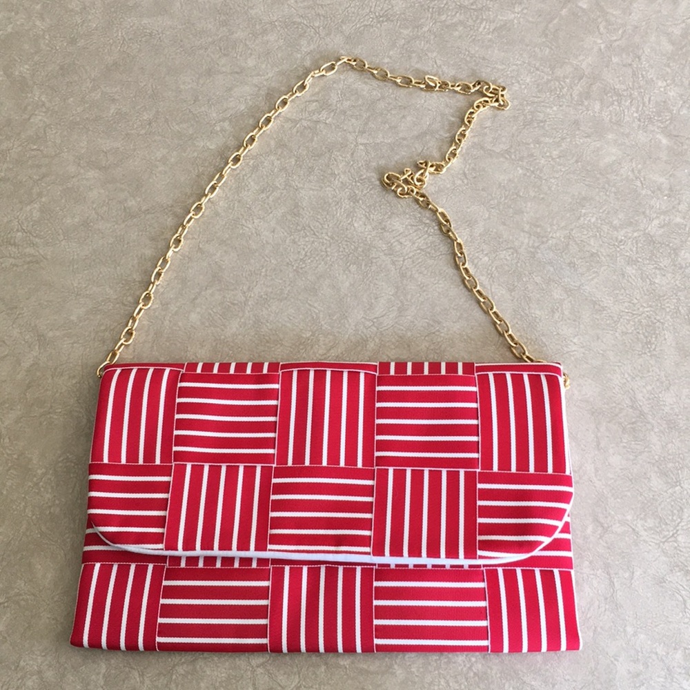 Ribbon Purse, Red/White Stripe, gold chain